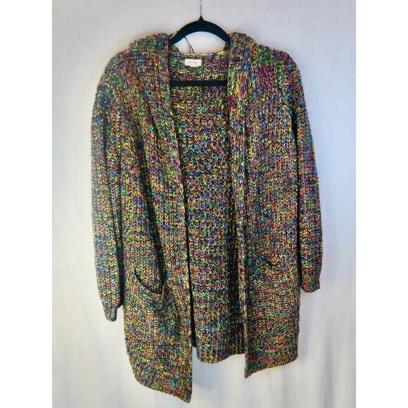 Debut Open Multi Color Midi Cardigan Sweater Black Rainbow Medium Anthropology - Picture 2 of 5